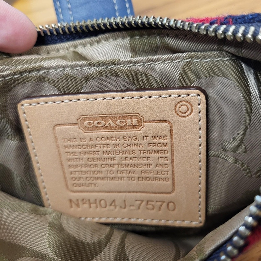 Coach Red and Navy Plaid Wool Satchel with Leather Trim - Picture 14 of 16